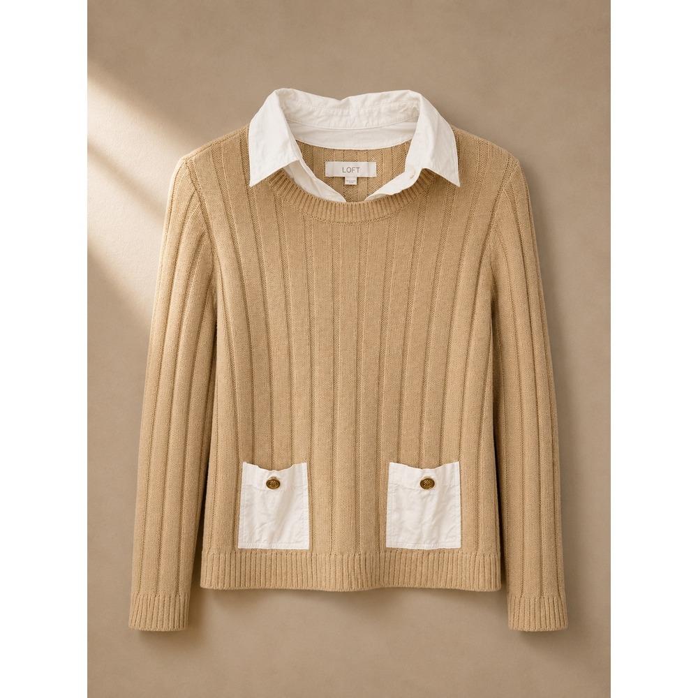 LOFT Women Sweater Medium Tan Layered Look Ribbed Gold Button Pockets 771407